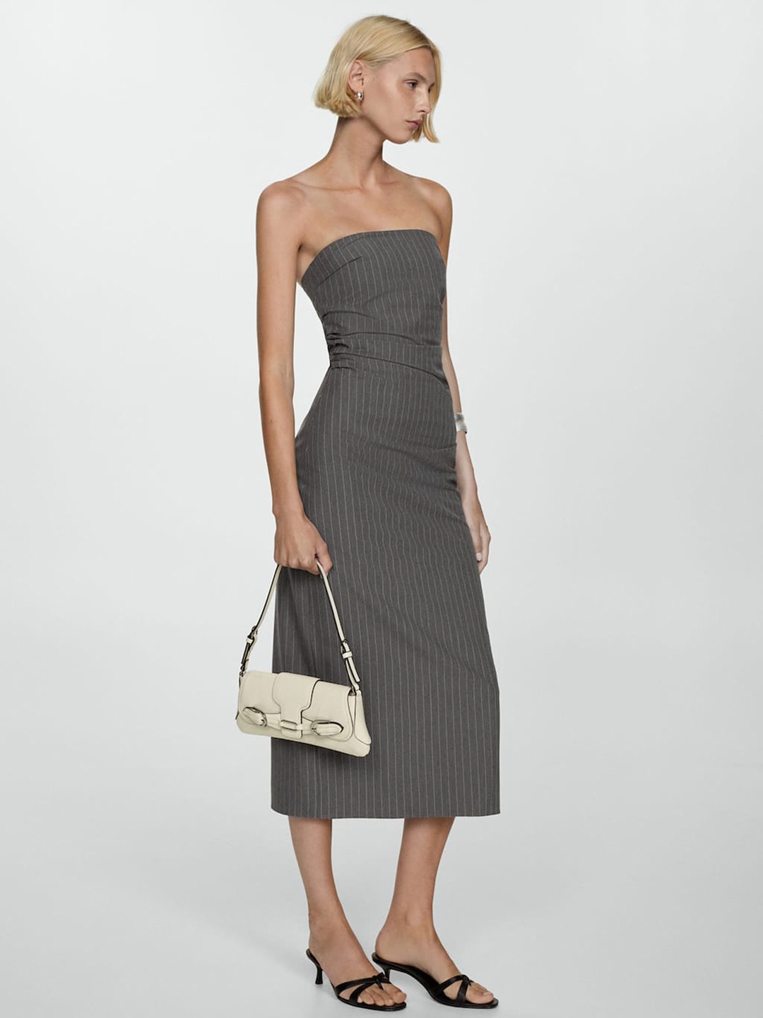 

MANGO Strapless Pinstripe Sheath Midi Dress, Charcoal