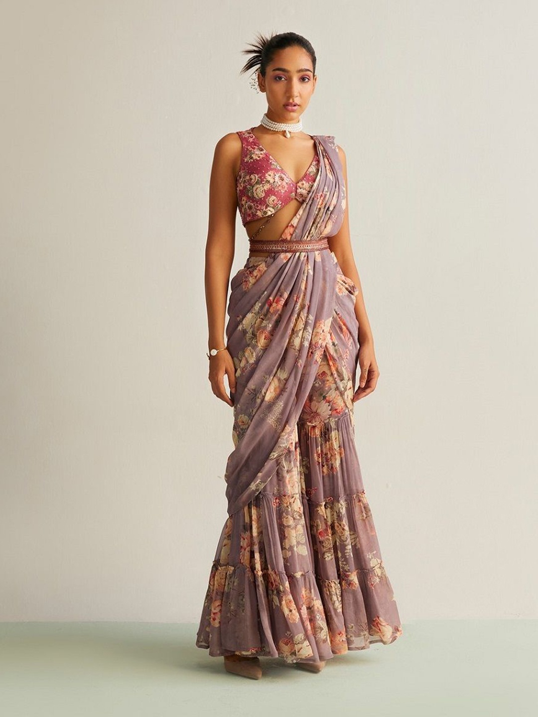 

Kalista Floral Printed Pure Georgette Palazzo Saree, Grey