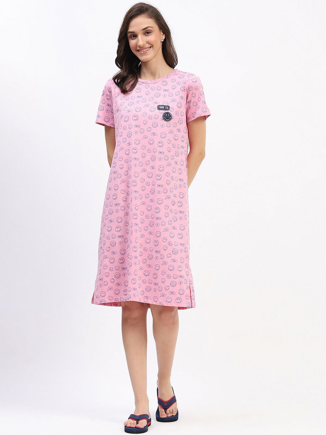 

MADAME M SECRET Printed Pure Cotton Nightdress, Pink