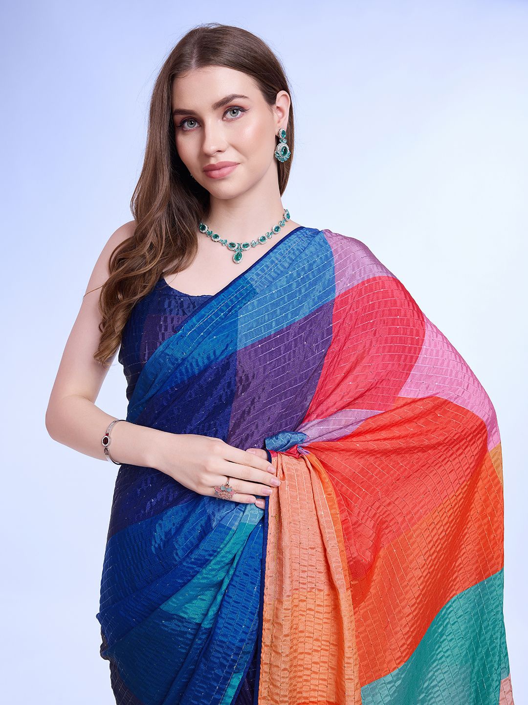 

Rekha Maniyar Sequinned Embroidered Colourblocked Saree, Multi