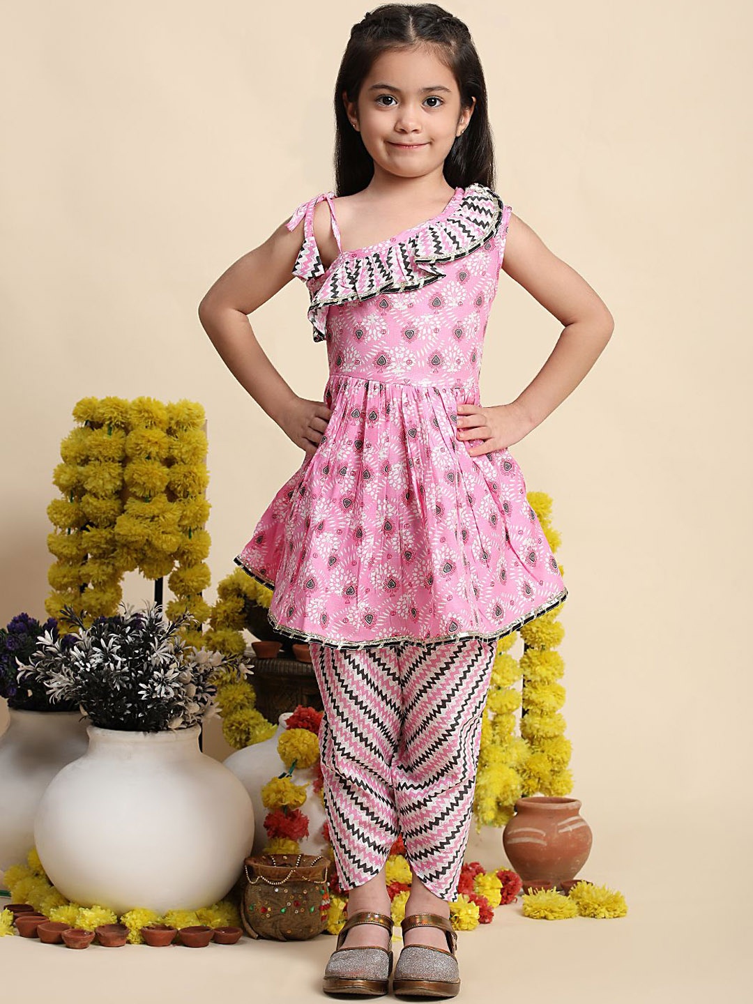 

Cutiekins Girls Floral Printed A-Line Cotton Kurta with Dhoti Pants, Pink