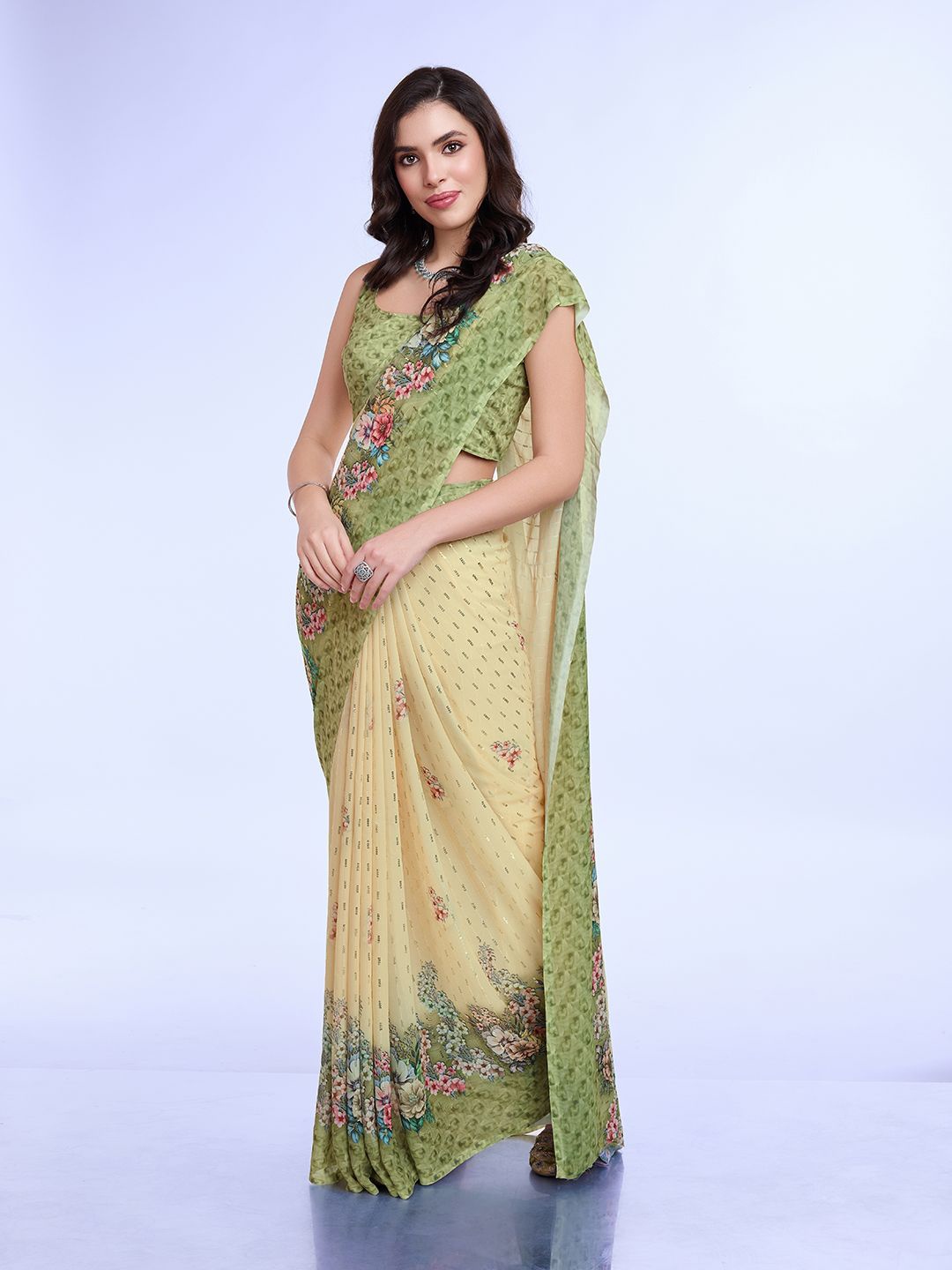 

Mitera Floral Printed Sequinned Saree With Solid Border, Lime green