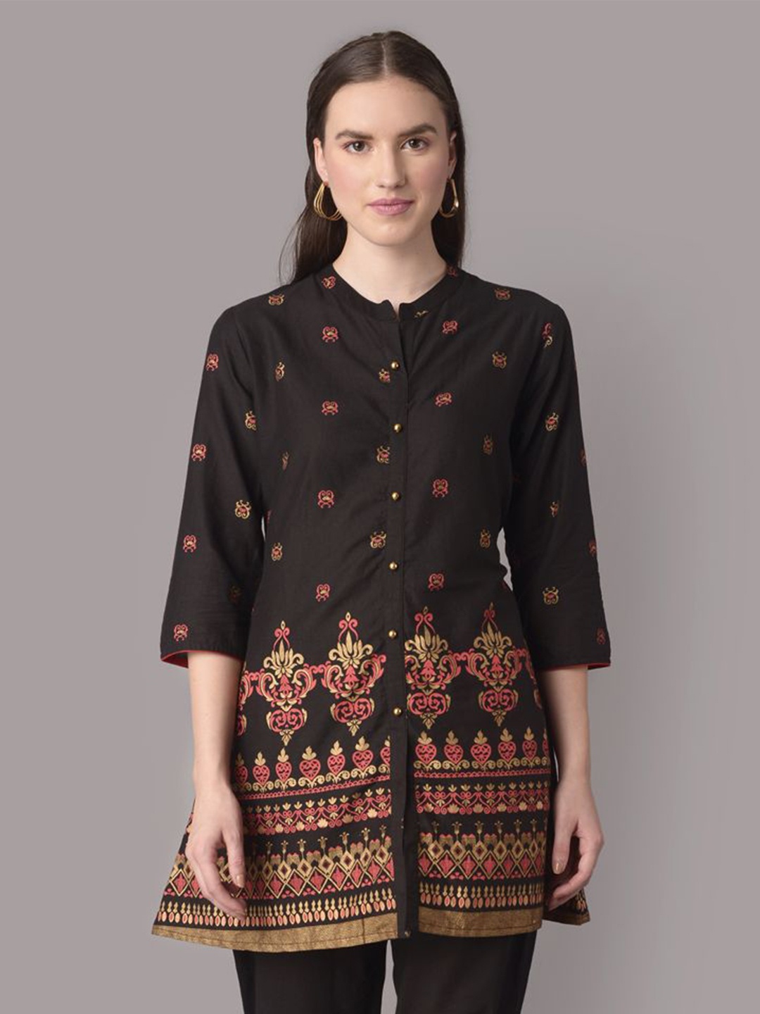 

Shree Mandarin Collar Printed Tunic, Black