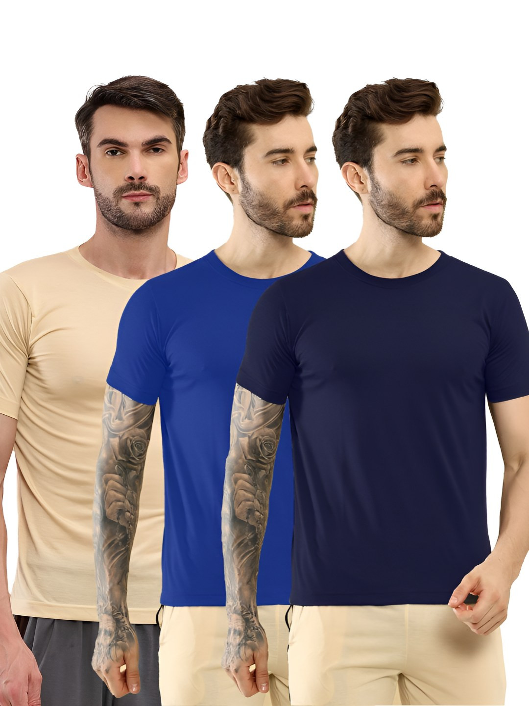 

T.T. Men Pack Of 3 Solid Round Neck Slim Fit T-shirts, Navy blue