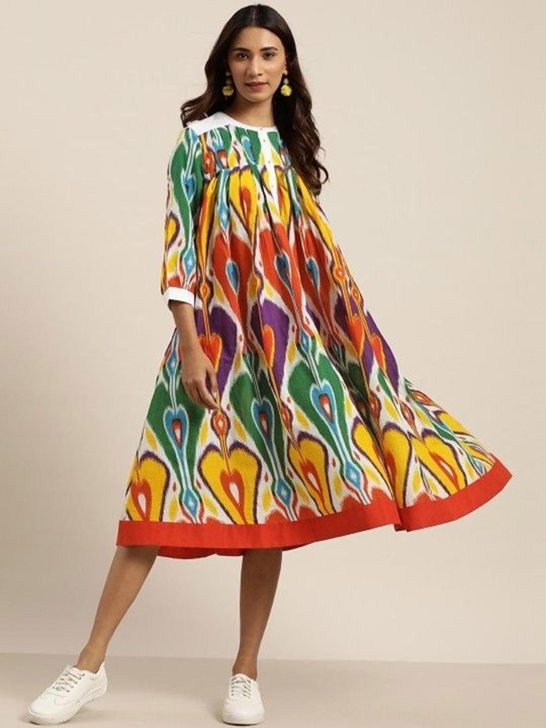

HERE&NOW Cotton Printed A-Line Dress, Green