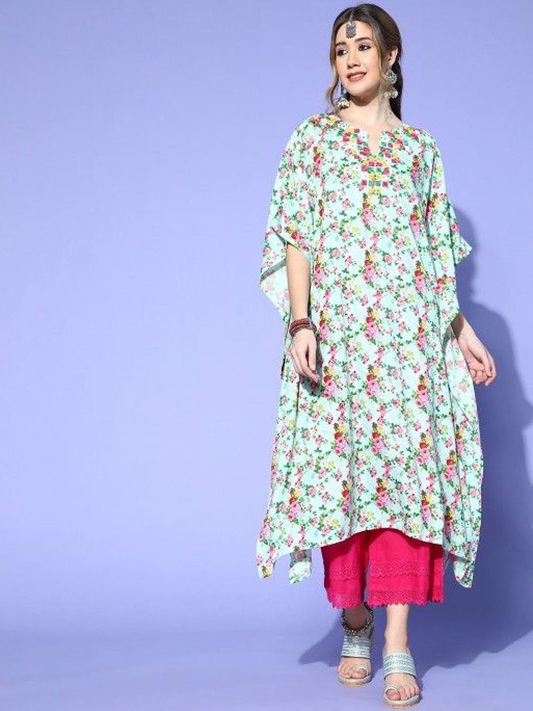 

HERE&NOW Blue Floral Printed Notch Neck Flared Sleeves Thread Work Kaftan Kurta