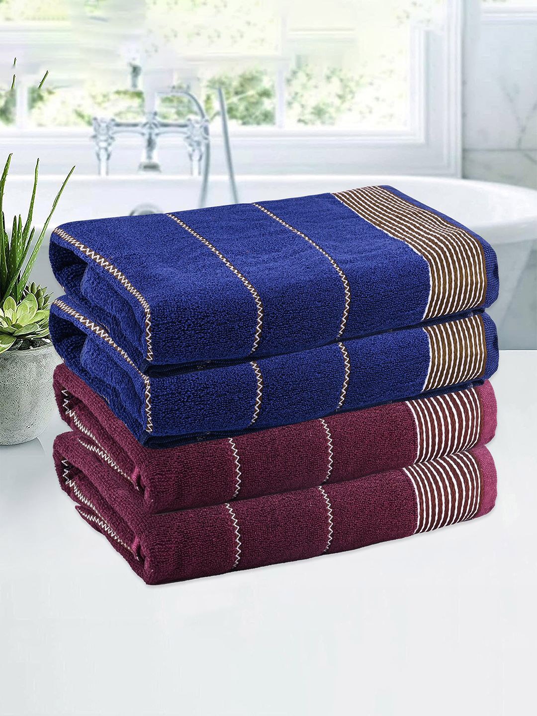

Kuber Industries Maroon & Blue 4 Pieces Striped Cotton 450 GSM Bath Towel