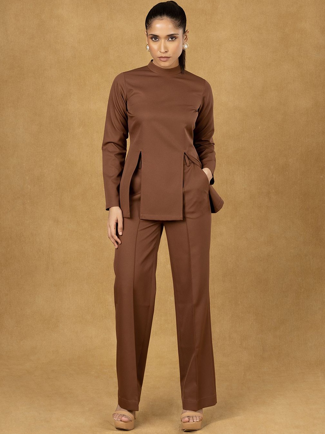 

PowerSutra High Neck Front Slit Top With Trousers, Brown