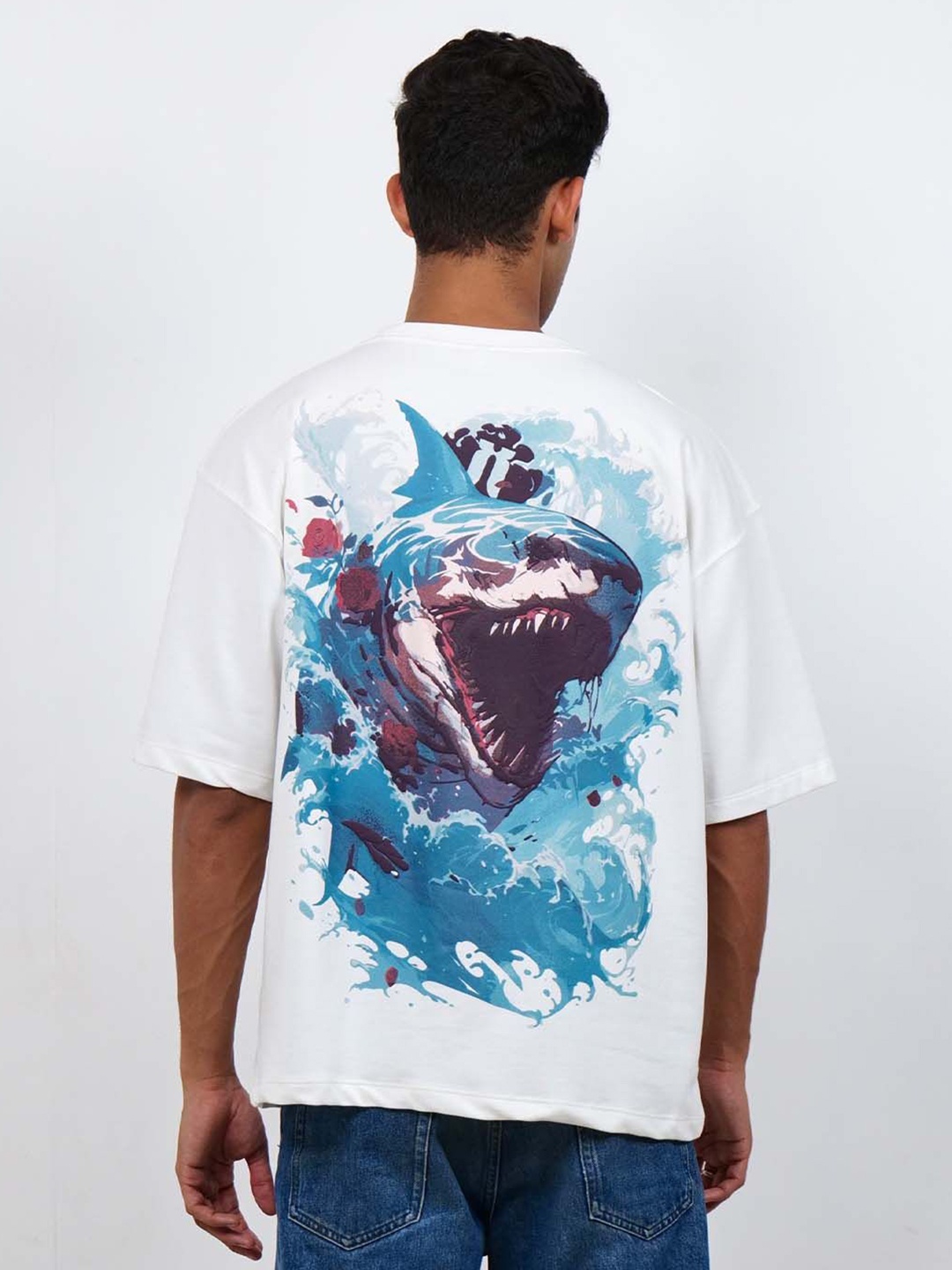

KHAAKI Men Bio Finish Graphic Printed Round Neck Cotton Oversized T-shirt, White