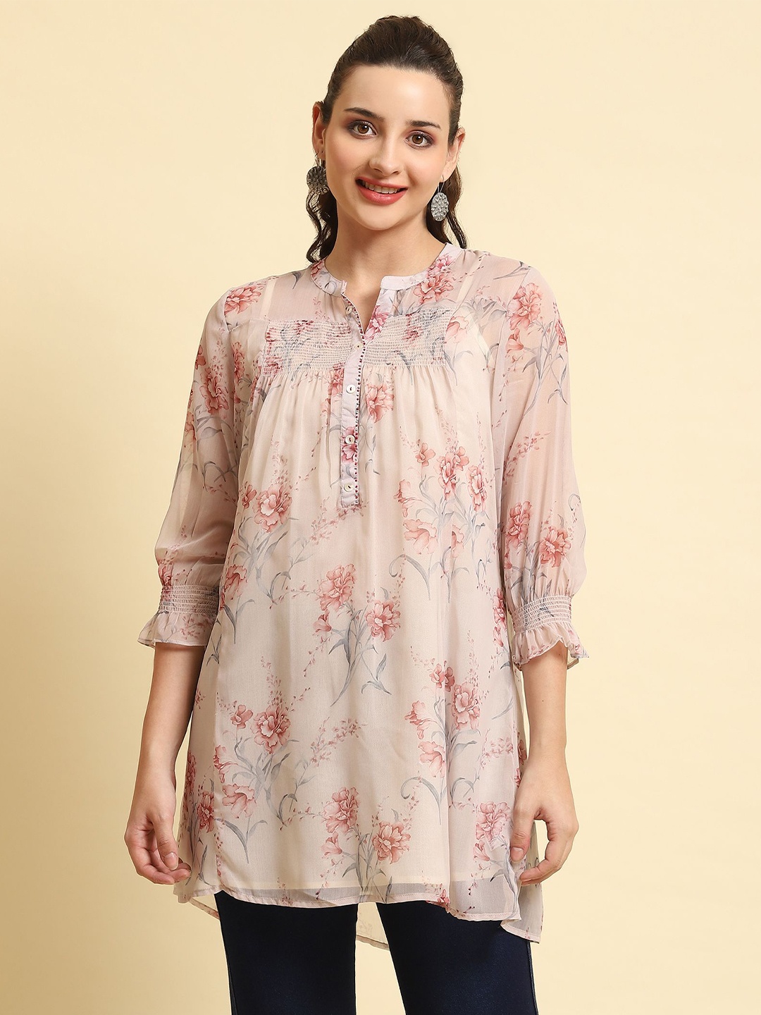 

Shree Mandarin Collar Printed Tunic, Pink