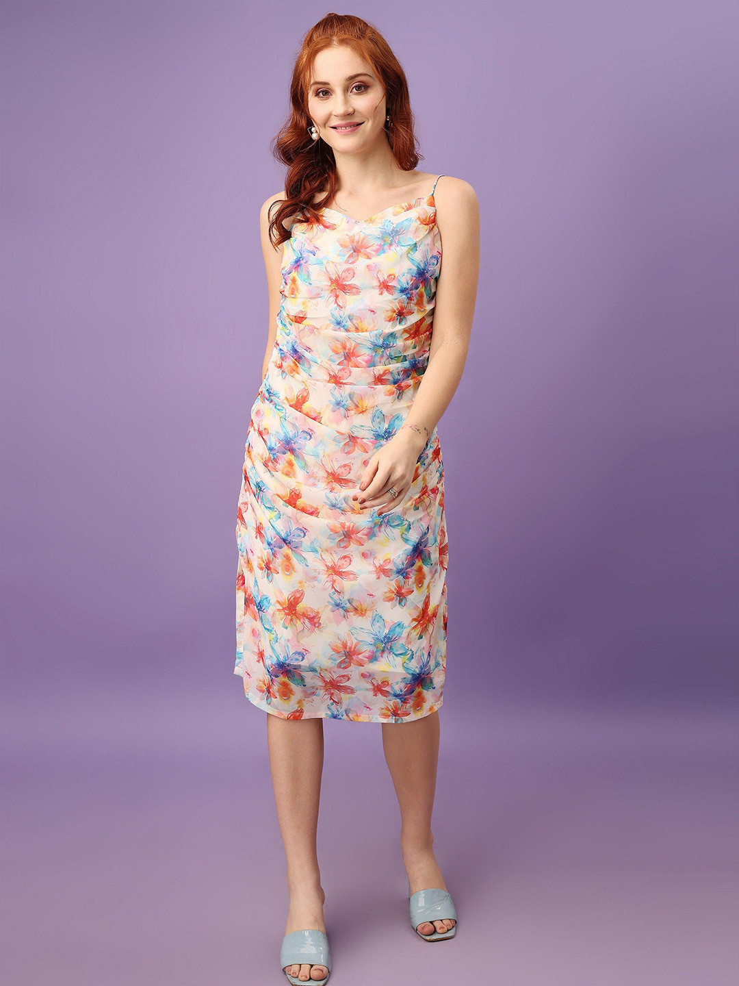 

Amarasha Women Floral Printed Shoulder Straps Sheath Midi Dress, Beige