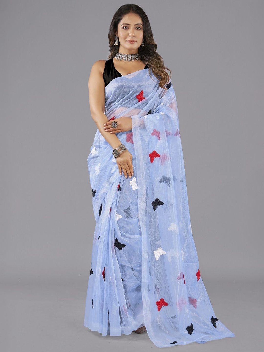 

LADY SHOPI Ethnic Motifs Embroidered Net Saree, Turquoise blue