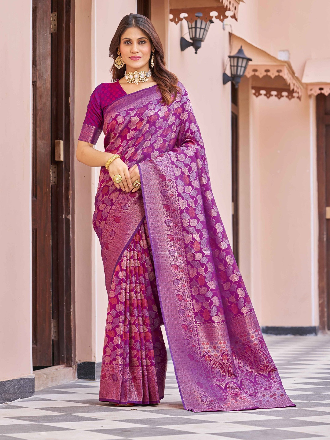 

Krimmple Woven Design Zari Saree, Purple