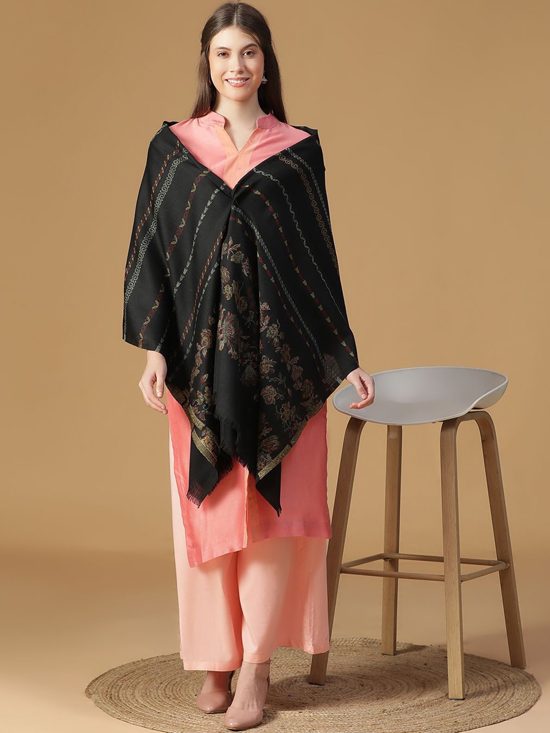 

SHINGORA Radiant Floral Woven Design Woollen Fringed Shawl, Black