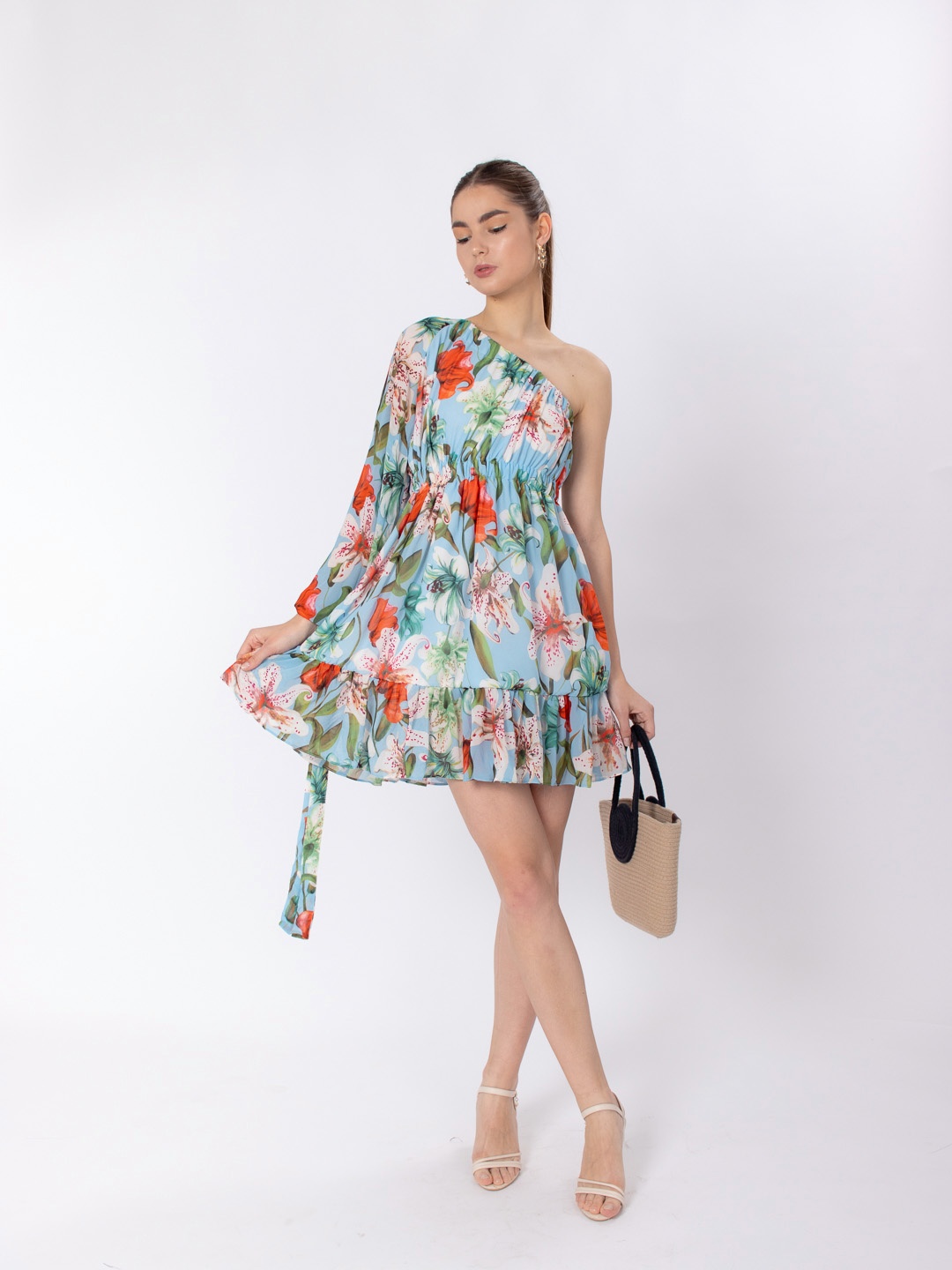 

Stylecast X Hersheinbox Floral Print One Shoulder Puff Sleeve Georgette Fit & Flare Dress, Blue