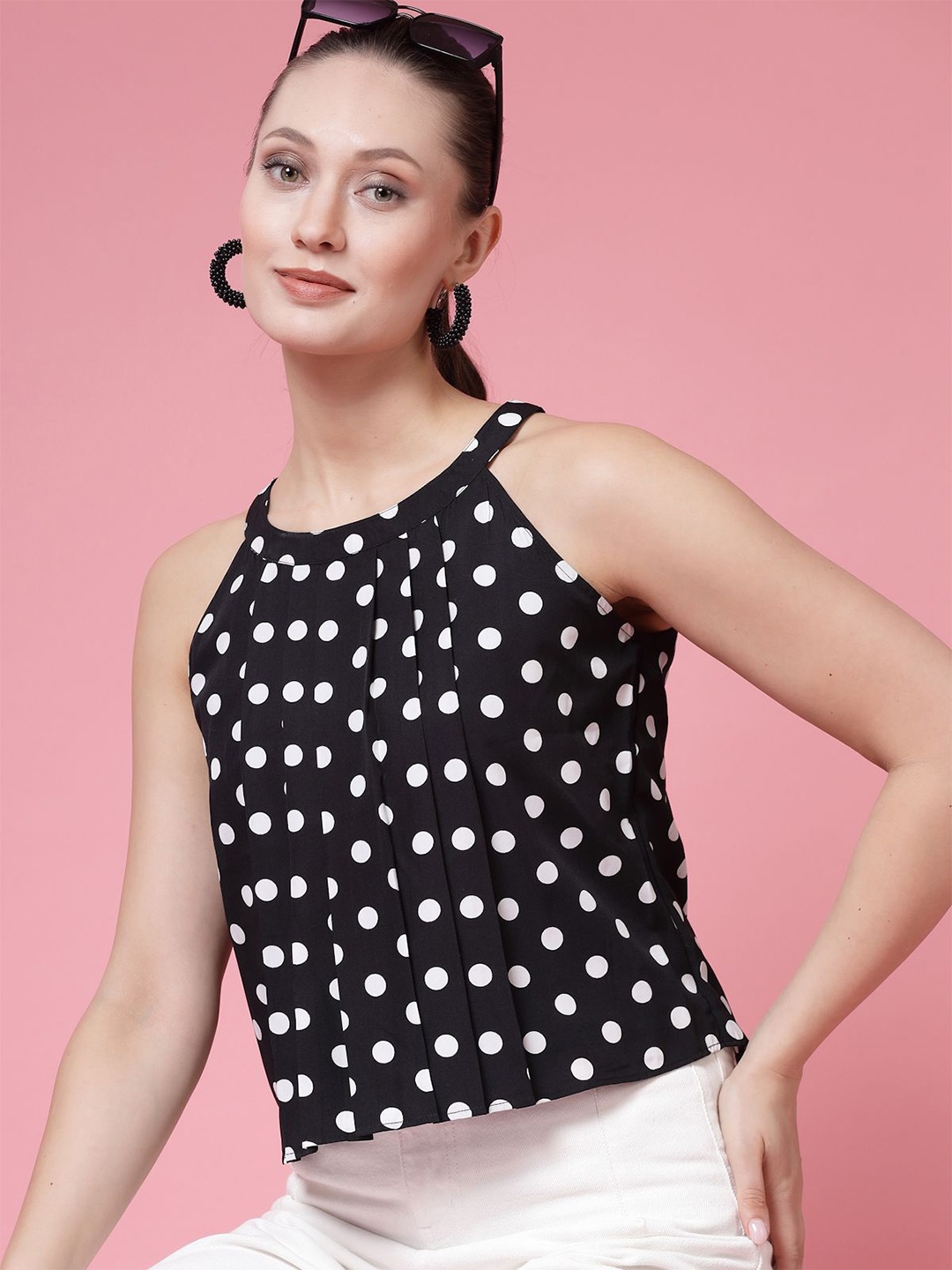 

BEING NAUGHTY Women Polka Dots Printed Round Neck Top, Black