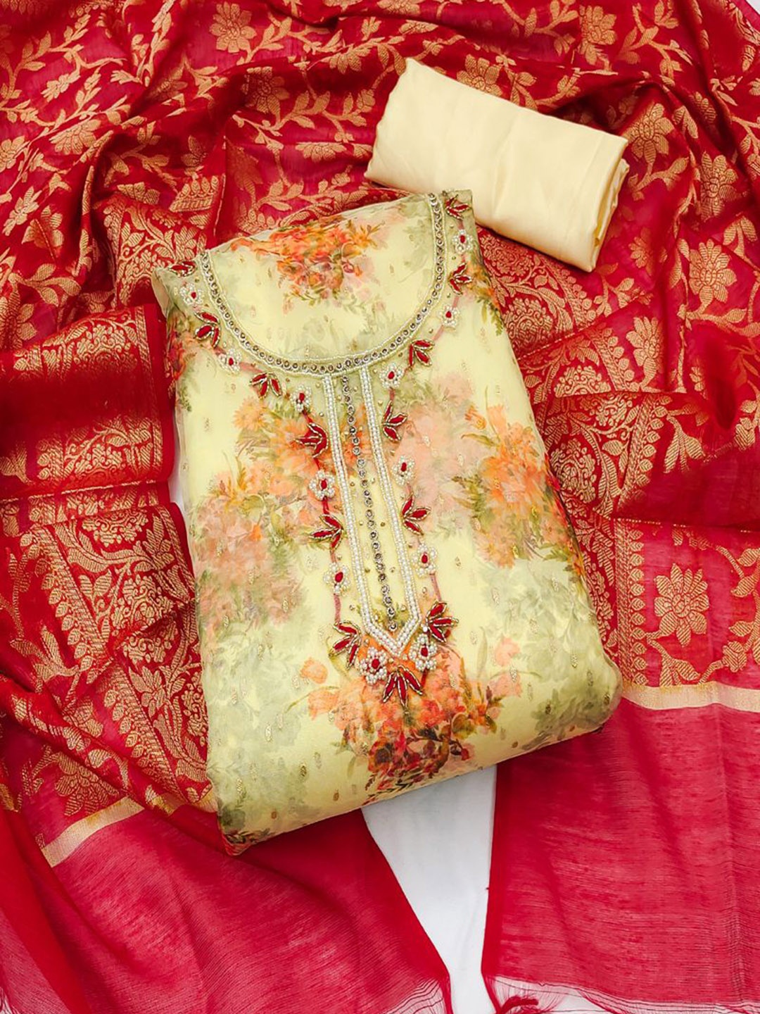 

ASISA Embroidered Beads & Stones Organza Unstitched Dress Material, Cream