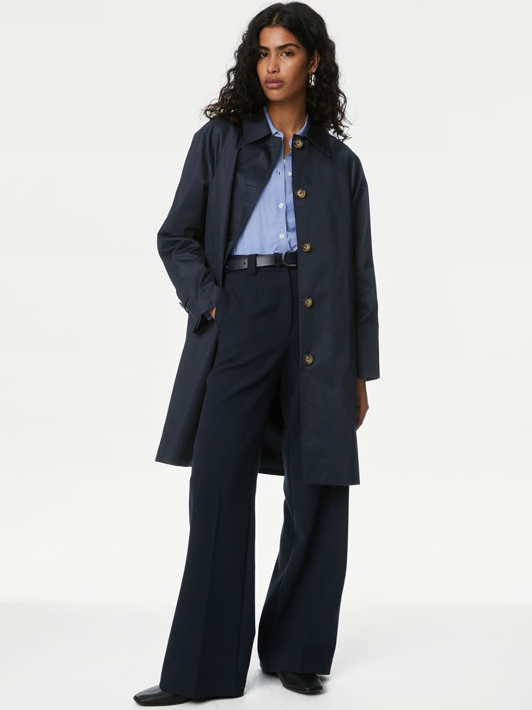 

Marks & Spencer Women Solid Spread Collar Single-Breasted Overcoat, Navy blue