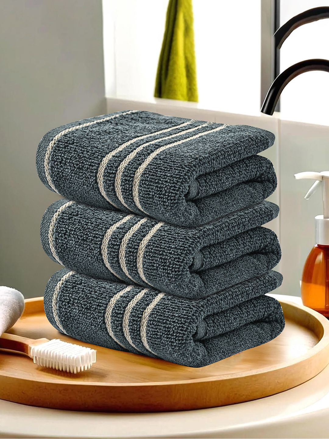 

Kuber Industries Grey & Beige 3 Pcs Striped Cotton 450 GSM Bath Towel