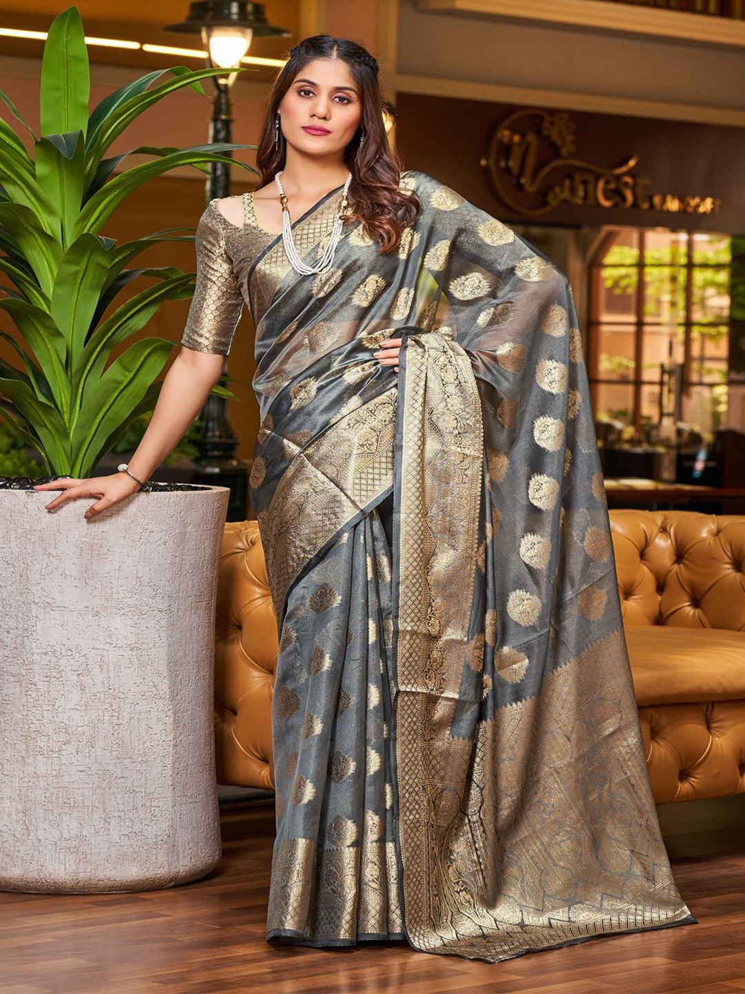 

Krimmple Woven Design Zari Organza Saree, Grey