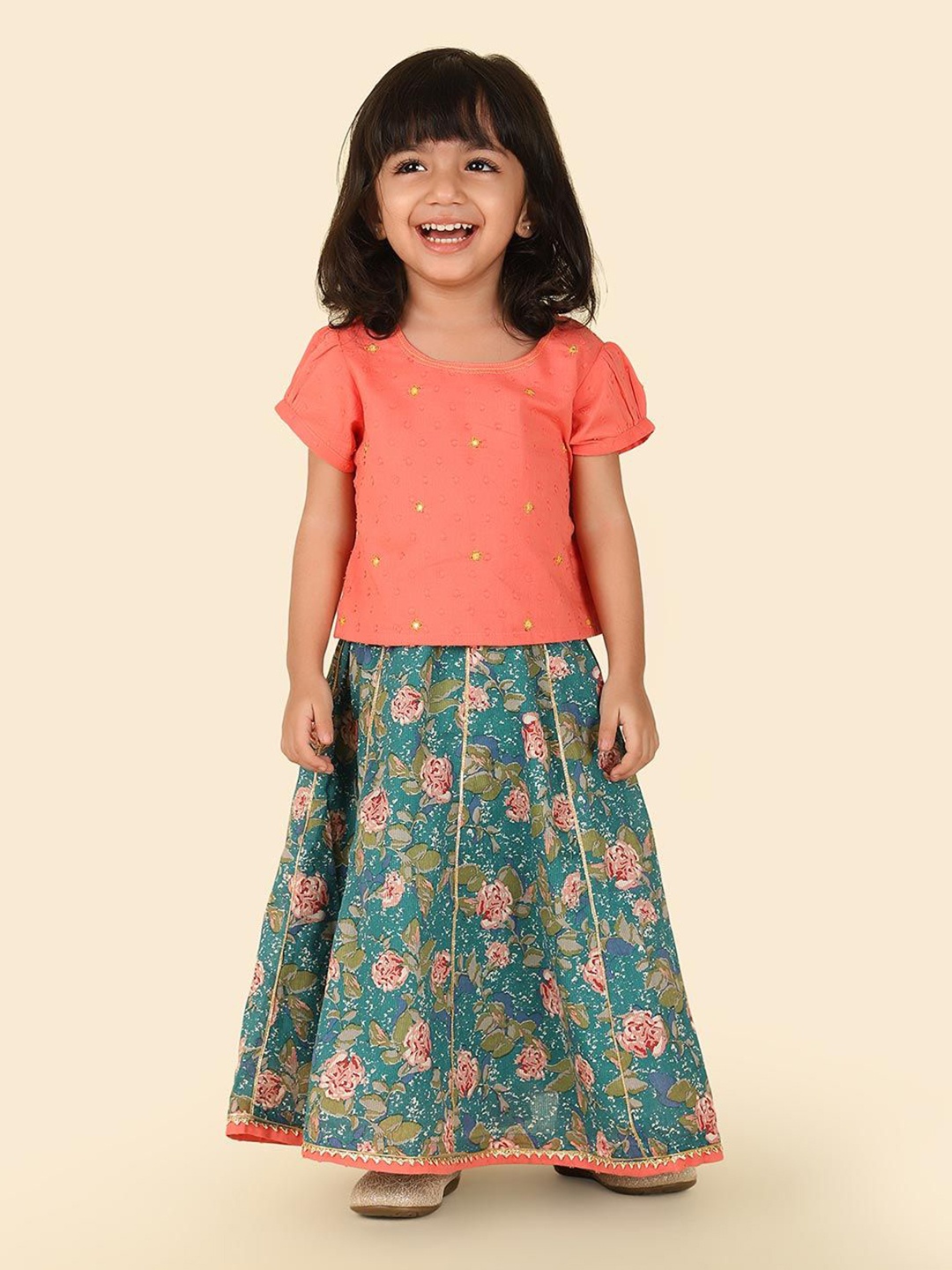 

Fabindia Girls Embroidered Thread Work Cotton Ready to Wear Lehenga & Choli, Teal