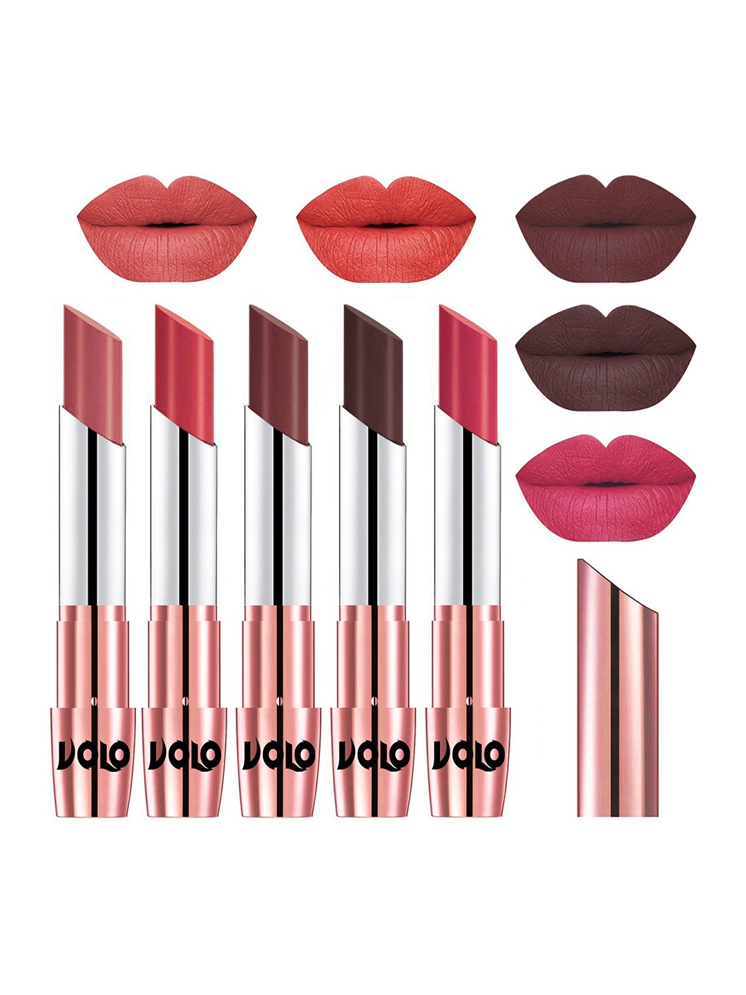 

VOLO Set Of 5 Creme Matte Lipstick-3.5g Each-Light Peach- Peach- Coffee-Chocolate- Pink, Multi