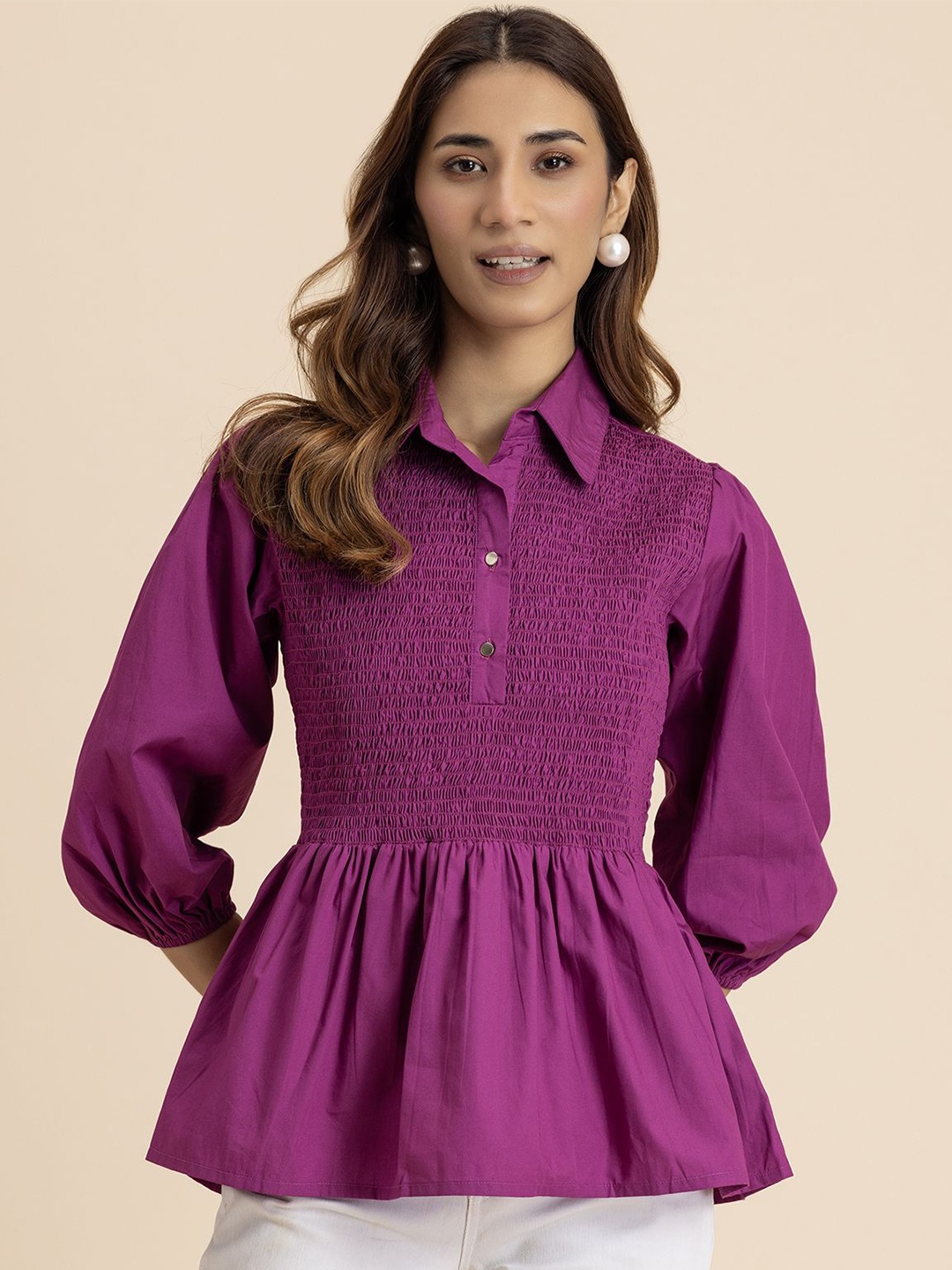 

Moomaya Women Solid Shirt Collar Pure Cotton Top, Magenta
