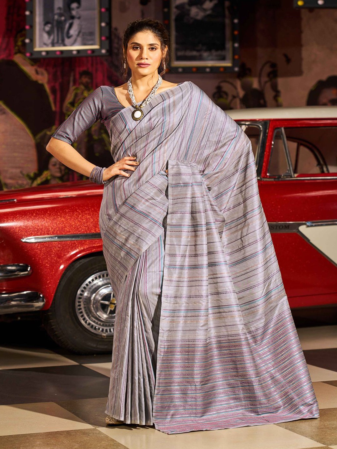 

Krimmple Striped Zari Saree, Grey