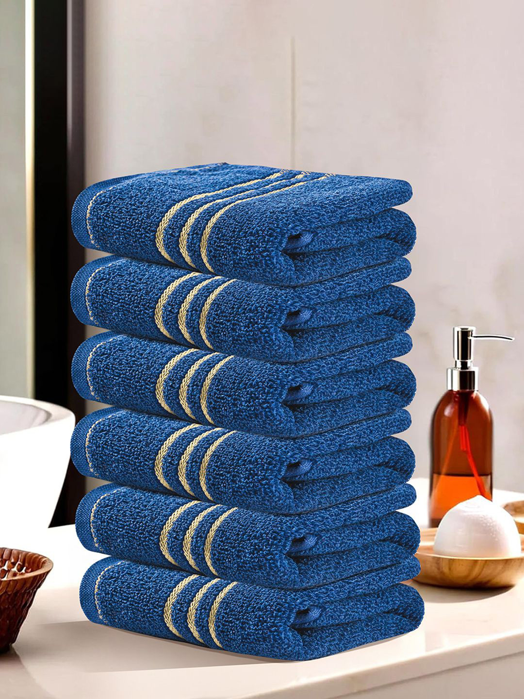 

Kuber Industries Blue & Beige 6 Pieces Striped Cotton 450 GSM Bath Towel