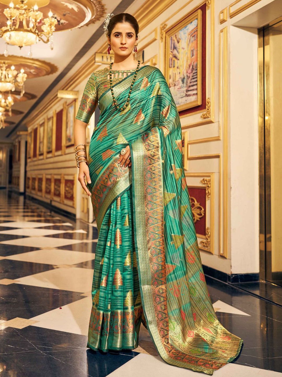 

Krimmple Woven Design Zari Organza Saree, Green