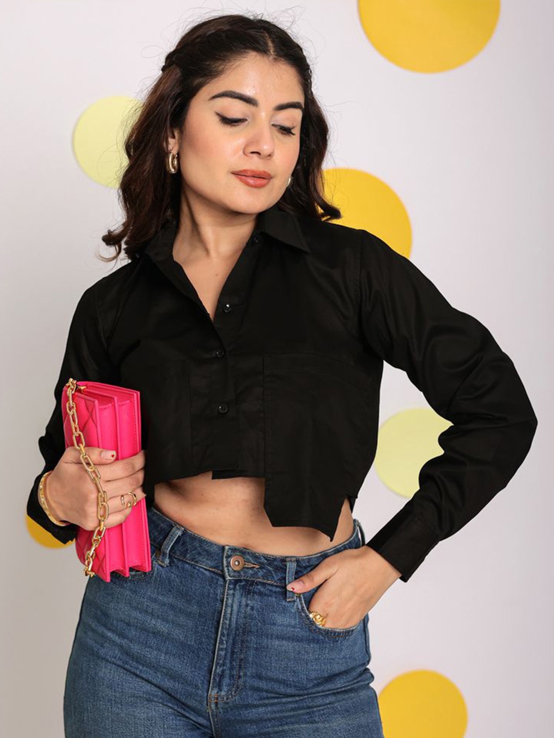 

KAORI BY SHREYA AGARWAL Women Solid Shirt Collar Cotton Top, Black