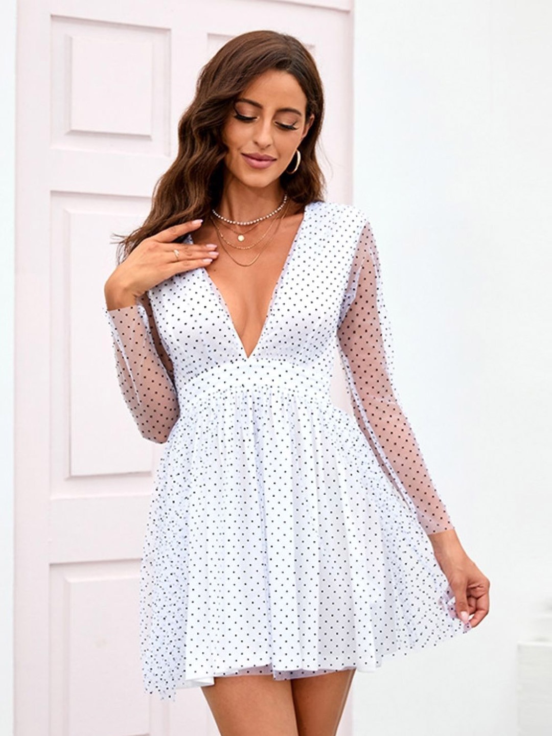 

KPOP V-Neck Polka Dots Long Sleeves A-Line Dress, White