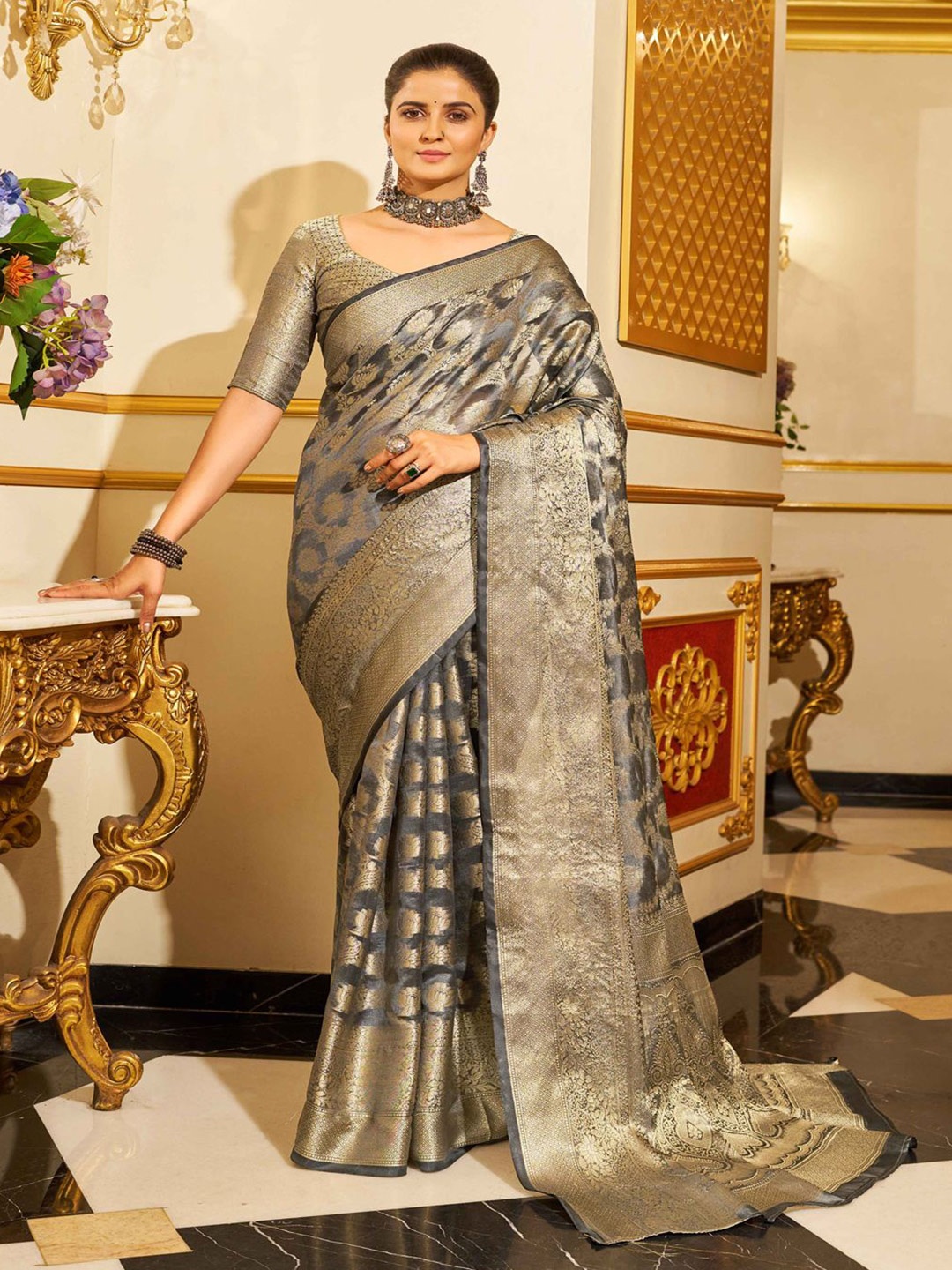 

Krimmple Woven Design Festive Organza Saree With Zari, Grey