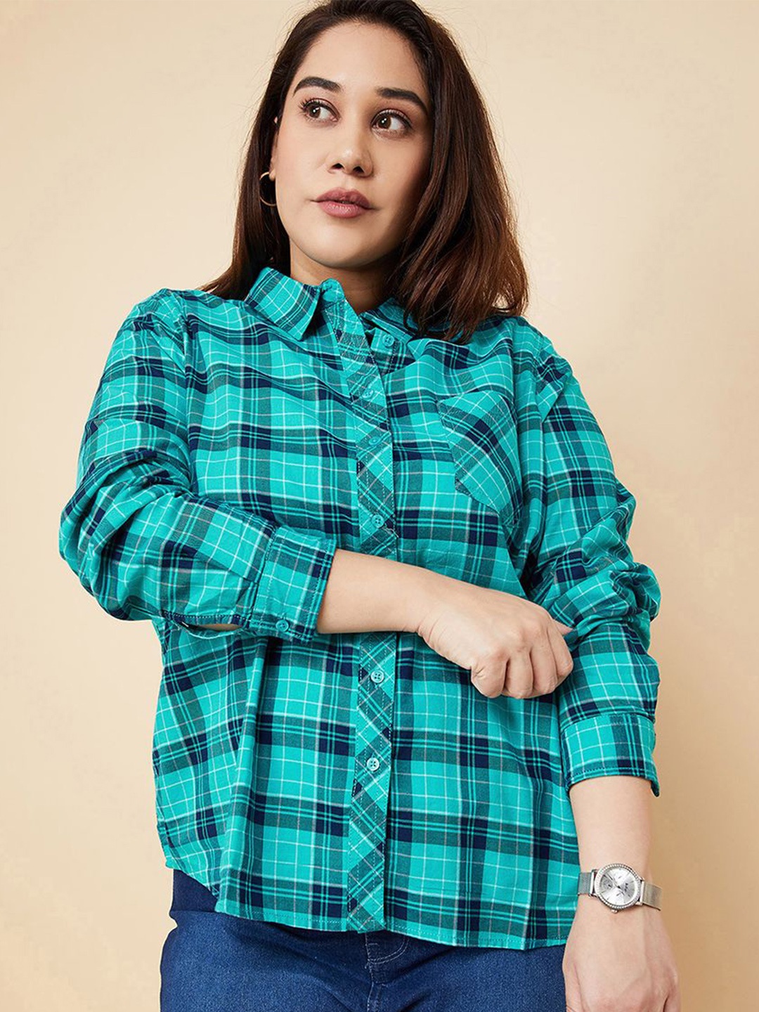 

max Women Plus Size Spread Collar Tartan Checked Cotton Casual Shirt, Green