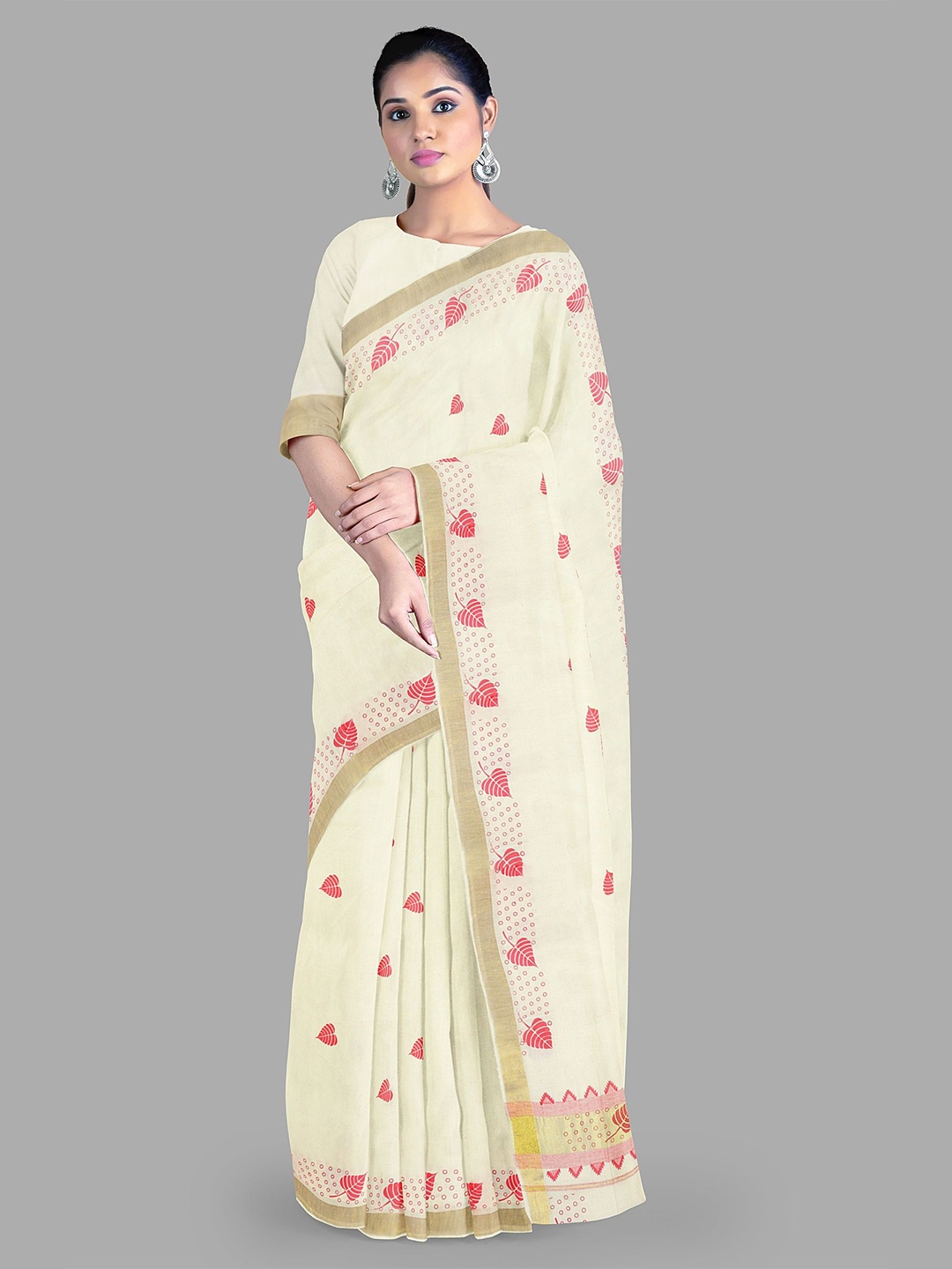 

The Chennai Silks Floral Pure Cotton Kasavu Saree, Off white