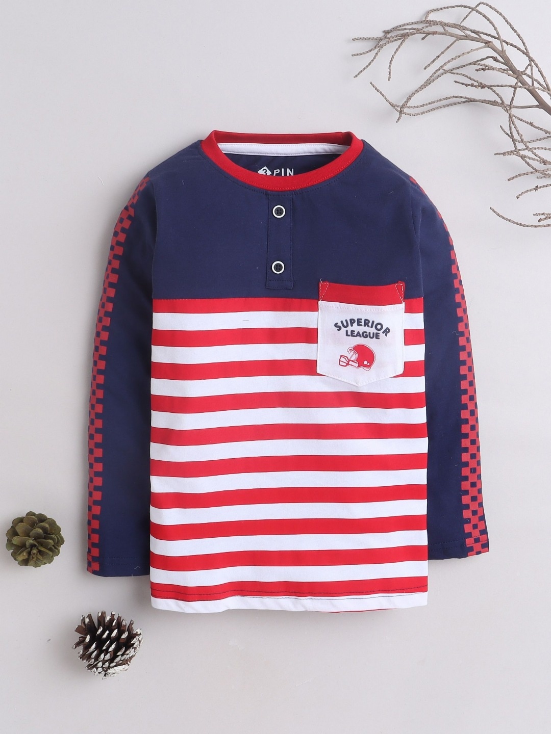 

3PIN Boys Striped Round Neck Cotton T-shirt, Navy blue