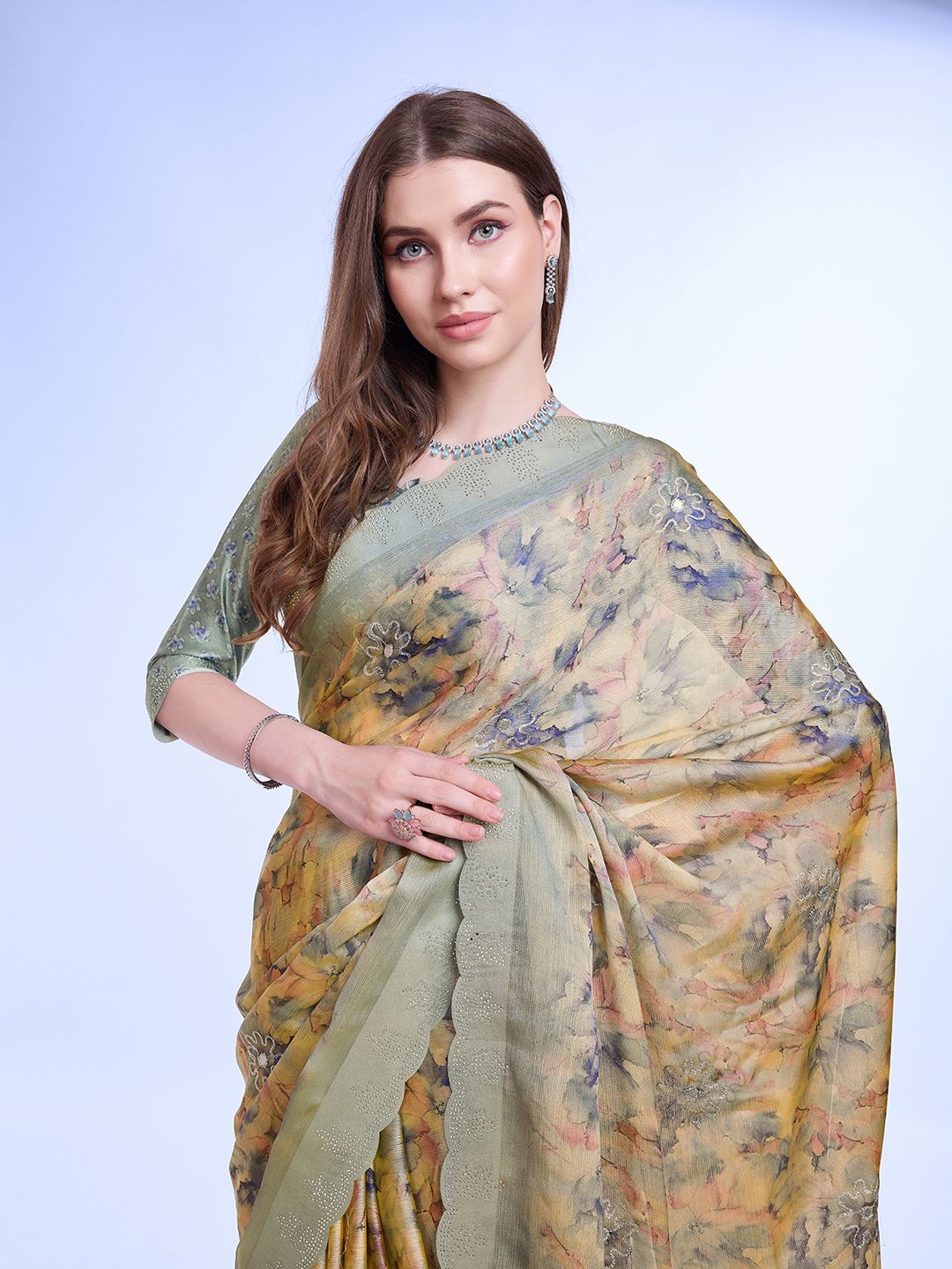 

Mitera Ethnic Motif Printed Beads and Stones Saree, Mustard