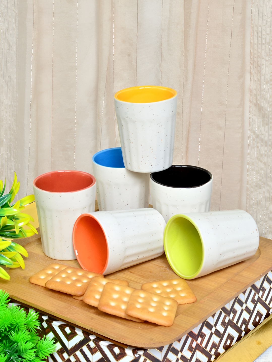 

FABINALIV White & Green 6 Pieces Textured Ceramic Matte Kulladhs Set of Cups and Mugs