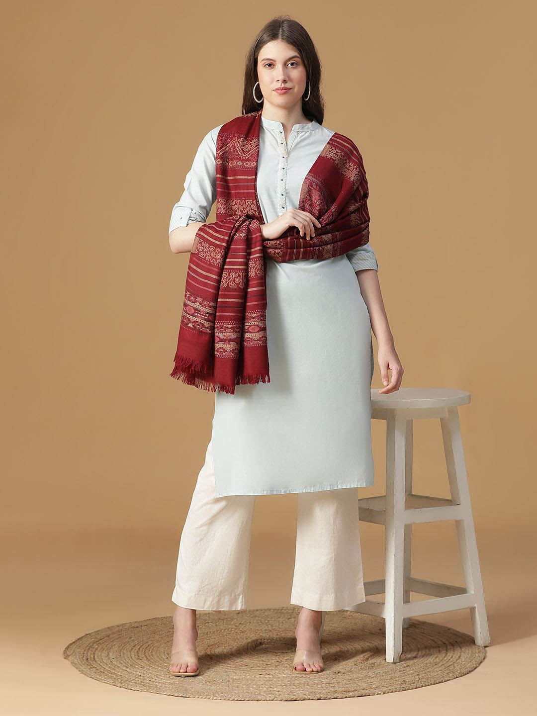 

SHINGORA Opal Elegance Striped Jacquard Pure Woollen Shawl, Maroon