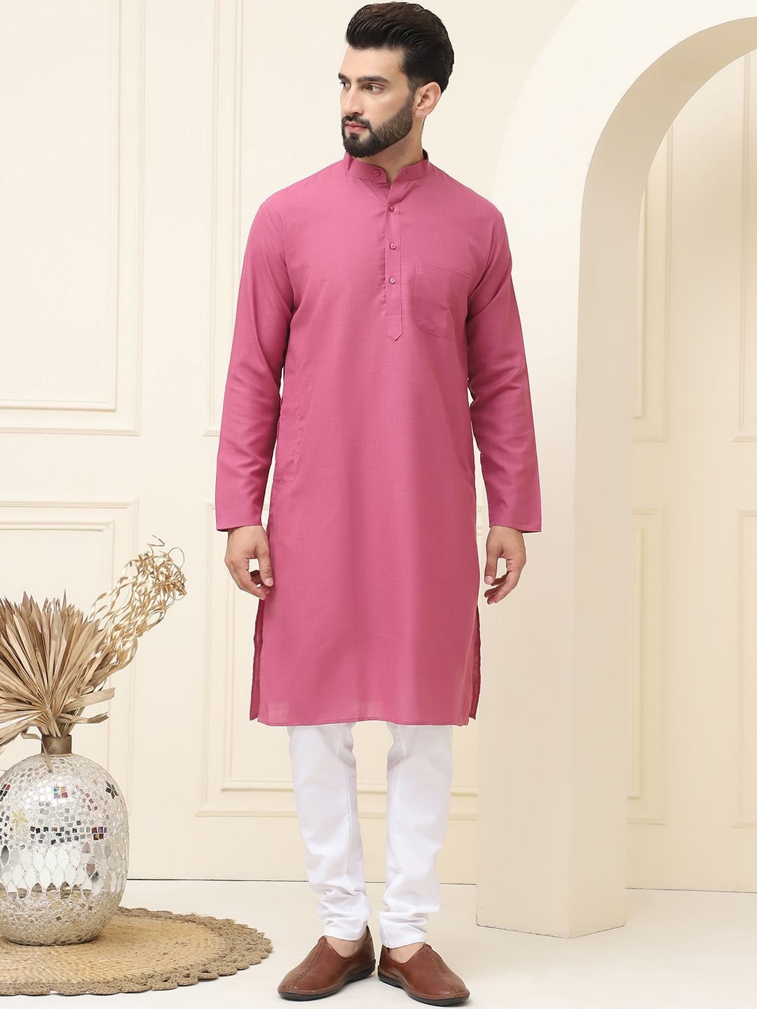 

SOJANYA Mandarin Collar Cotton Linen Straight Kurta with Pyjamas, Coral