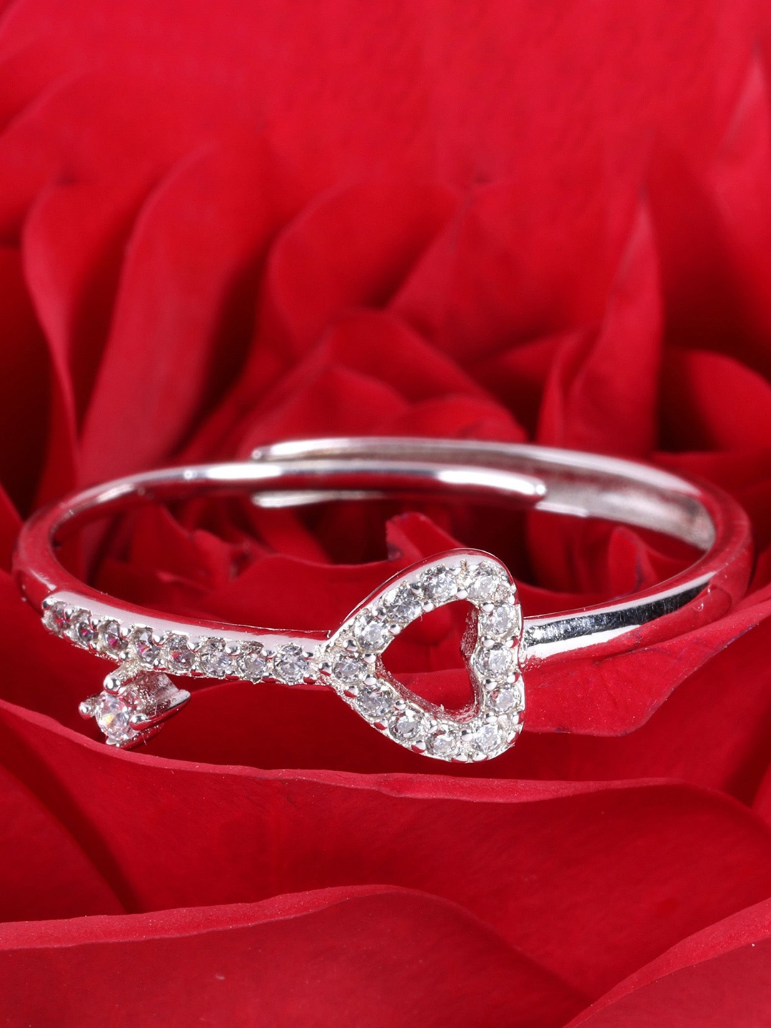 

DEESSA Rhodium-Plated Stones-Studded Adjustable Finger Ring, Silver