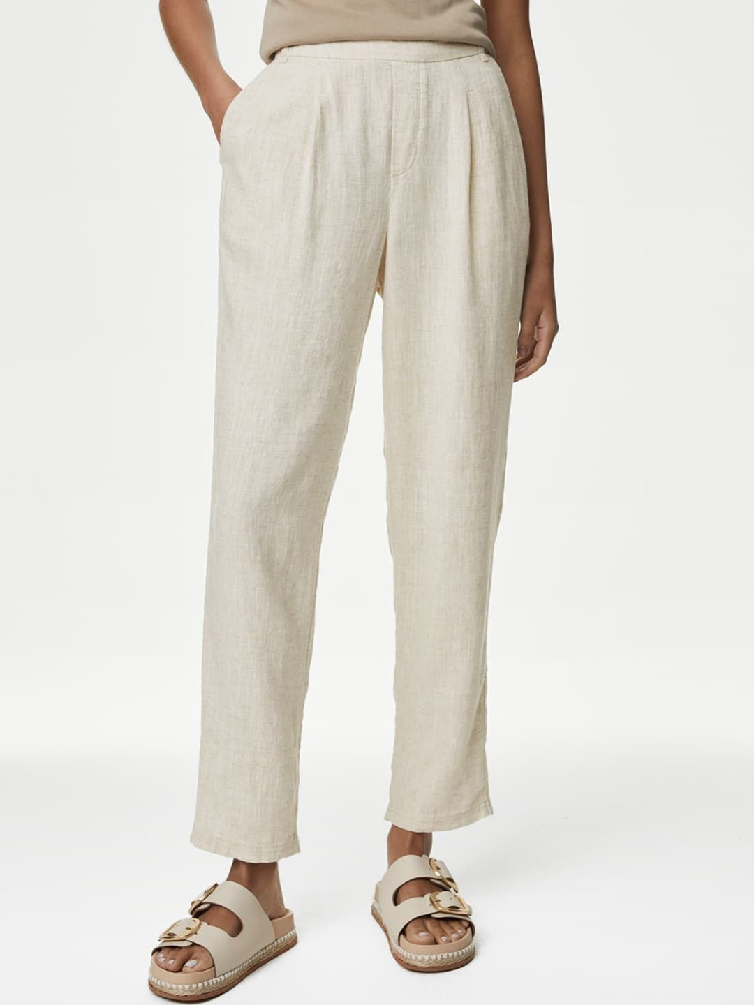 

Marks & Spencer Women Tapered Fit High-Rise Pleated Trousers, Beige