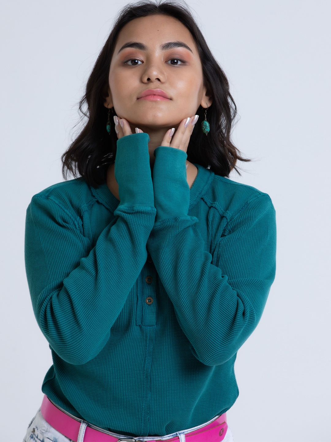 

PURPLE POTATO Women Solid Round Neck Cotton Top, Teal