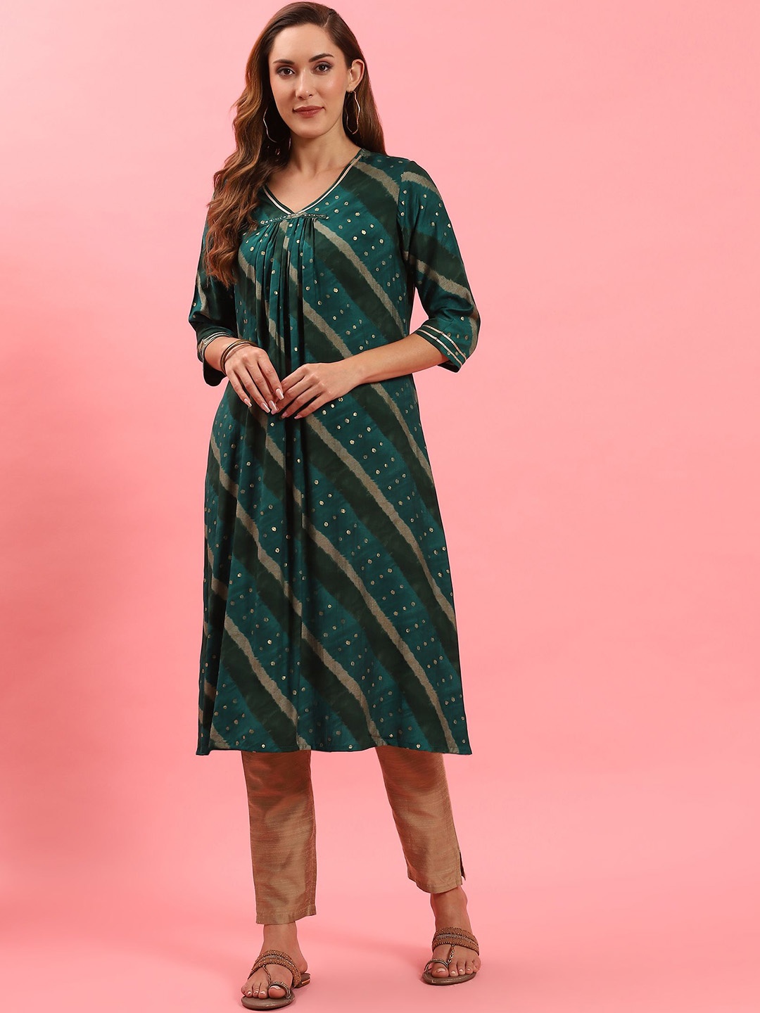 

Shree Leheriya Printed Beads & Stones A-Line Kurta, Teal