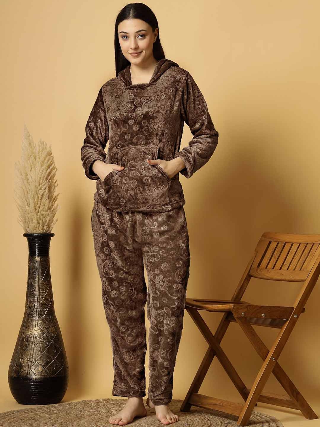 

FABINALIV Floral Embossed Hooded Winter Night Suit with 2 Front Pockets, Brown
