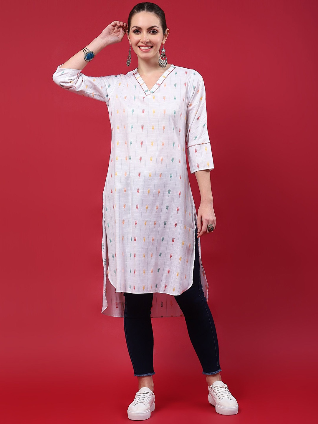 

Shree Floral Printed V Neck Straight Kurta, White