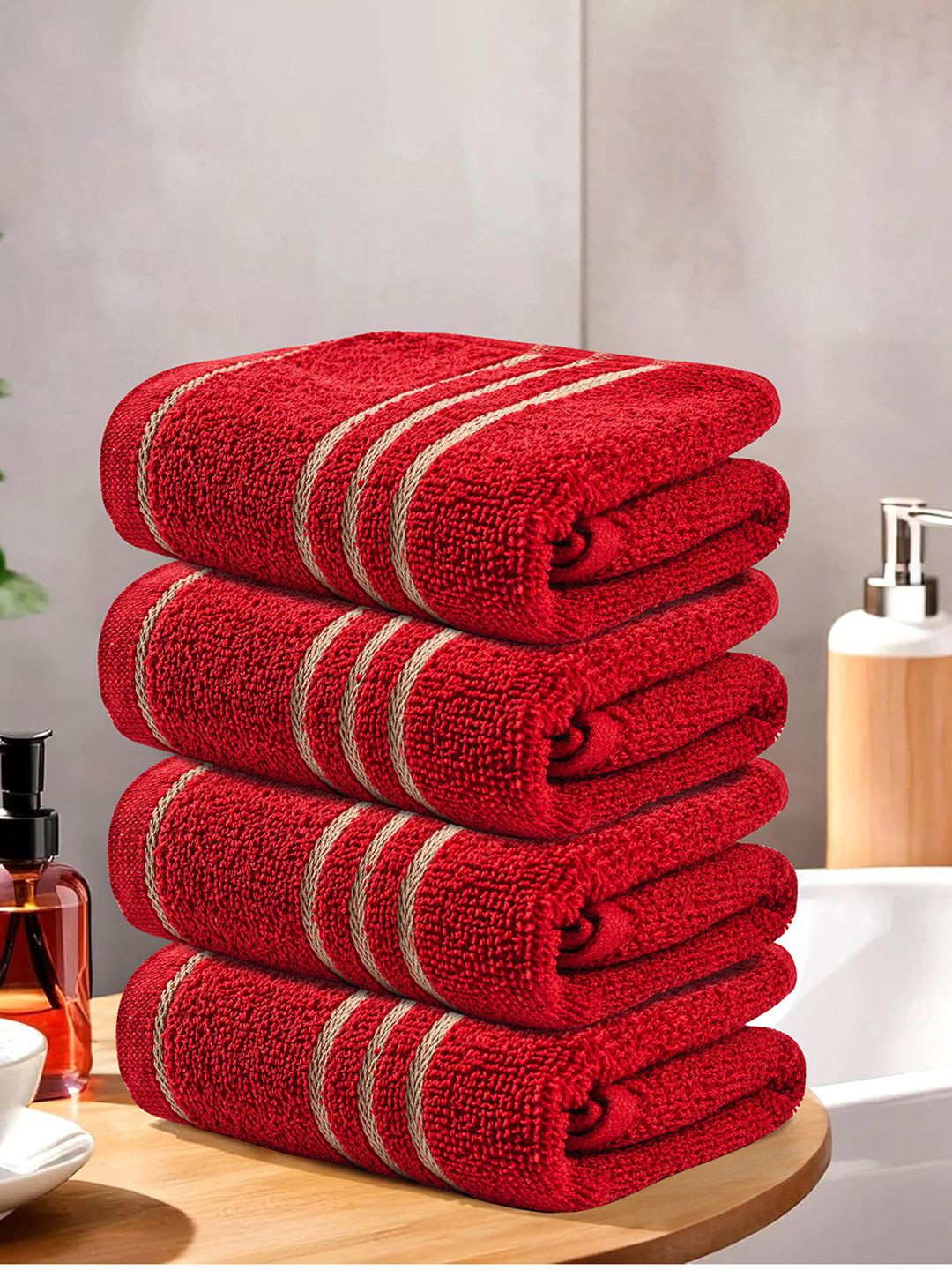 

Kuber Industries Red & Beige 4 Pieces Striped Cotton 450 GSM Bath Towel