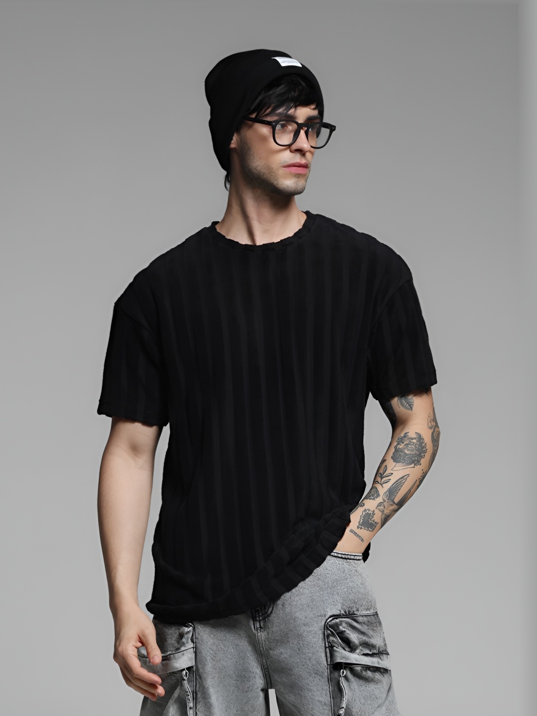 

Jack & Jones Men Striped Round Neck Cotton Oversized T-shirt, Black