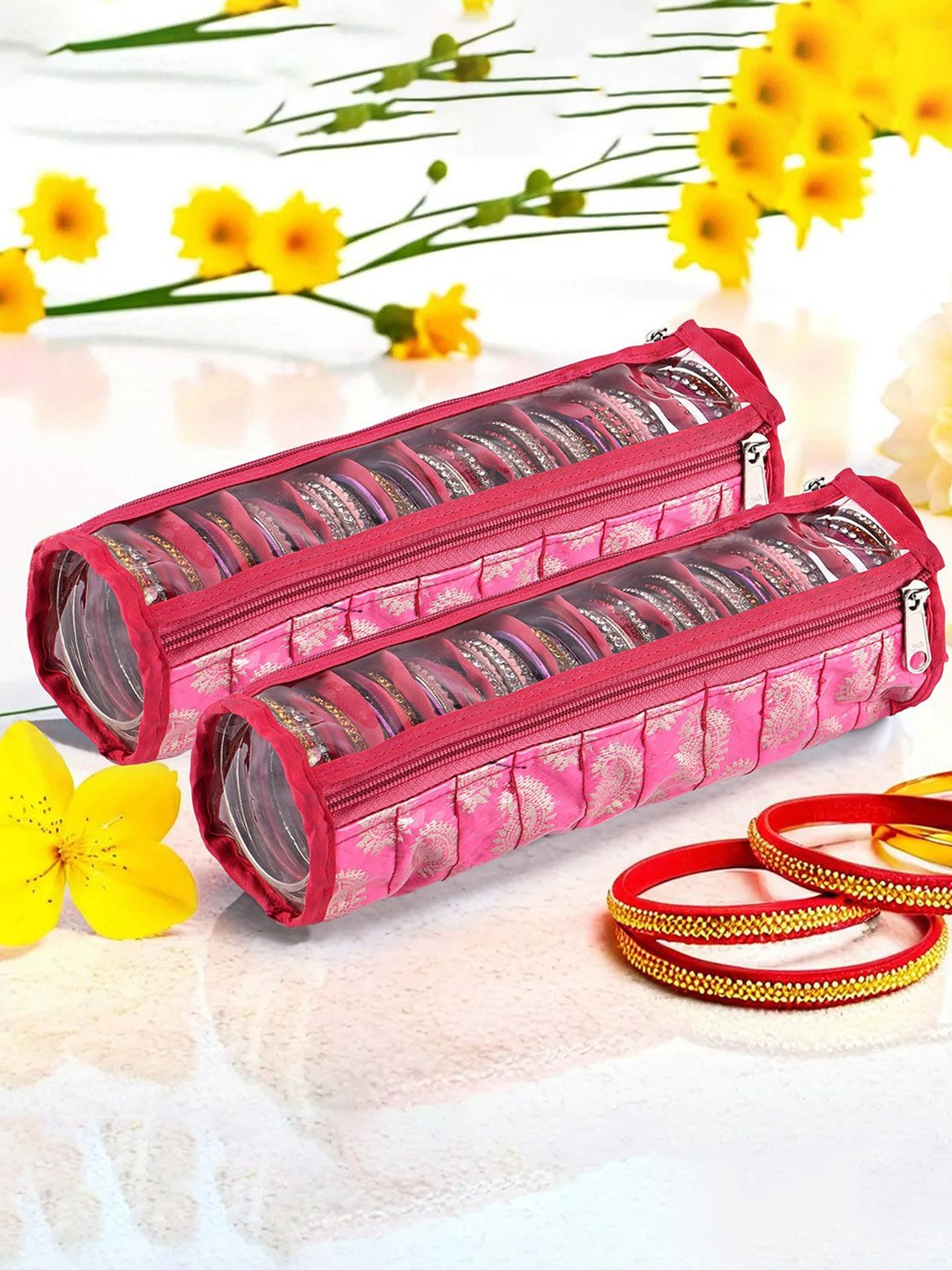 

Kuber Industries Pink & Gold Toned 2 Pieces Printed 10 Compartments Jewellery Organisers