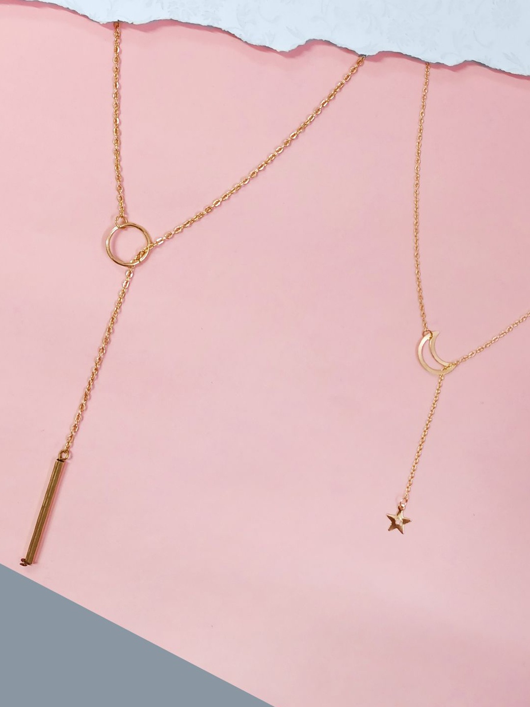 

fabula Set Of 2 Star & Moon Lariat Minimal Necklace, Gold